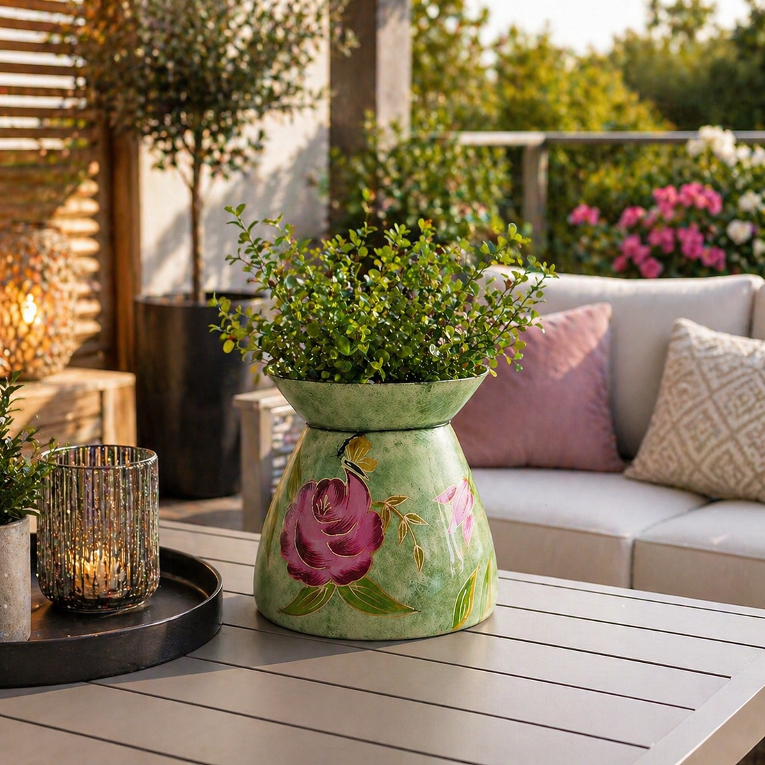 Moderne Metallvase in Grün mit floralem Muster auf einem Terrassentisch dekoriert, stilvolle Outdoor-Dekoration im warmen, modernen Ambiente