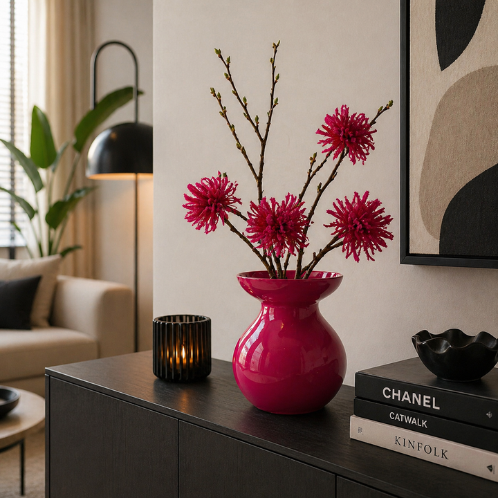 Moderne rote Vase als stilvolle Dekoration auf einer Kommode in einem minimalistisch eingerichteten Wohnzimmer mit Kerzenhalter und Büchern