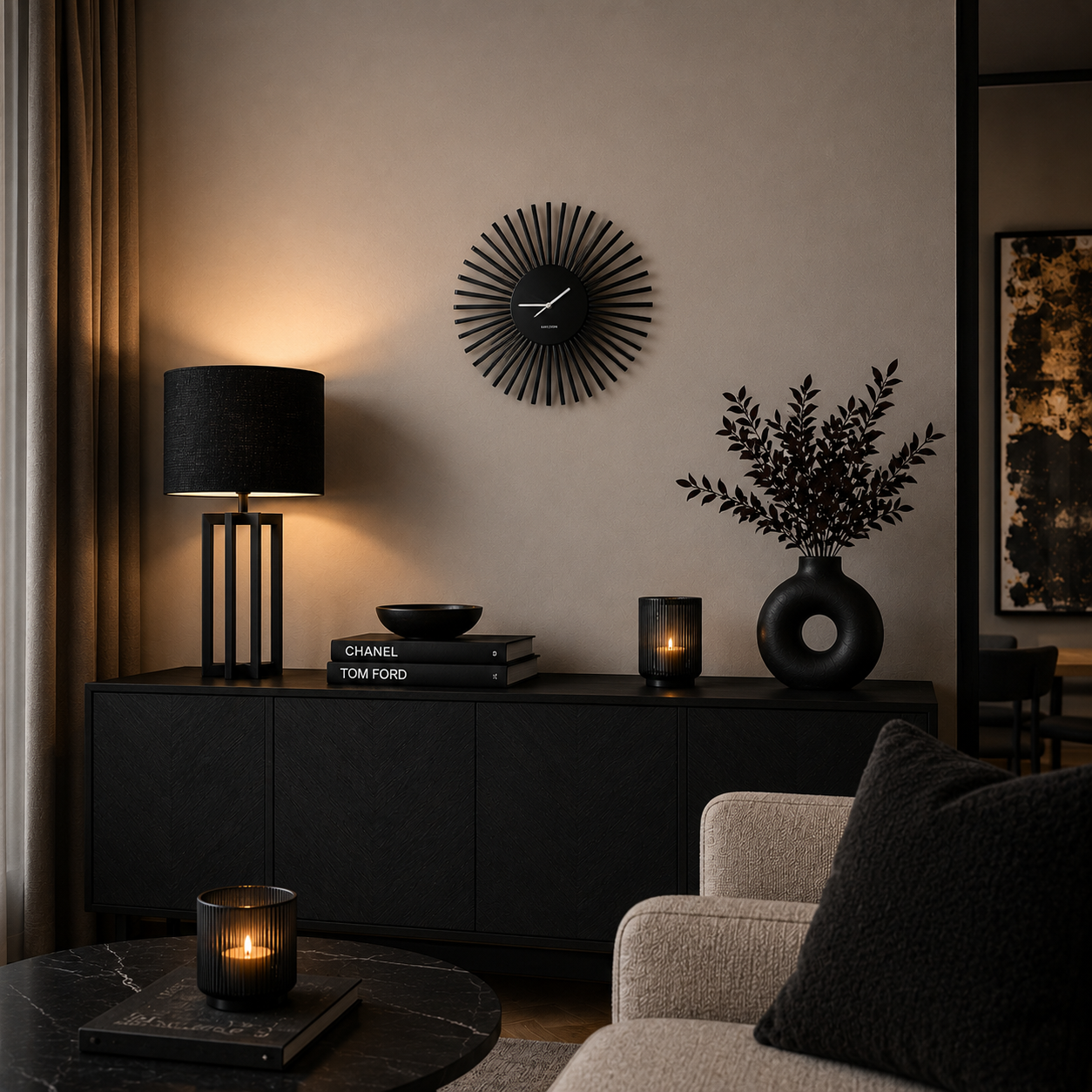 Moderne schwarze Metall-Wanduhr von Atelier B im Sunburst-Design über einem Sideboard in einem stilvollen Wohnzimmer mit abgestimmter schwarzer Deko und warmem Ambiente.