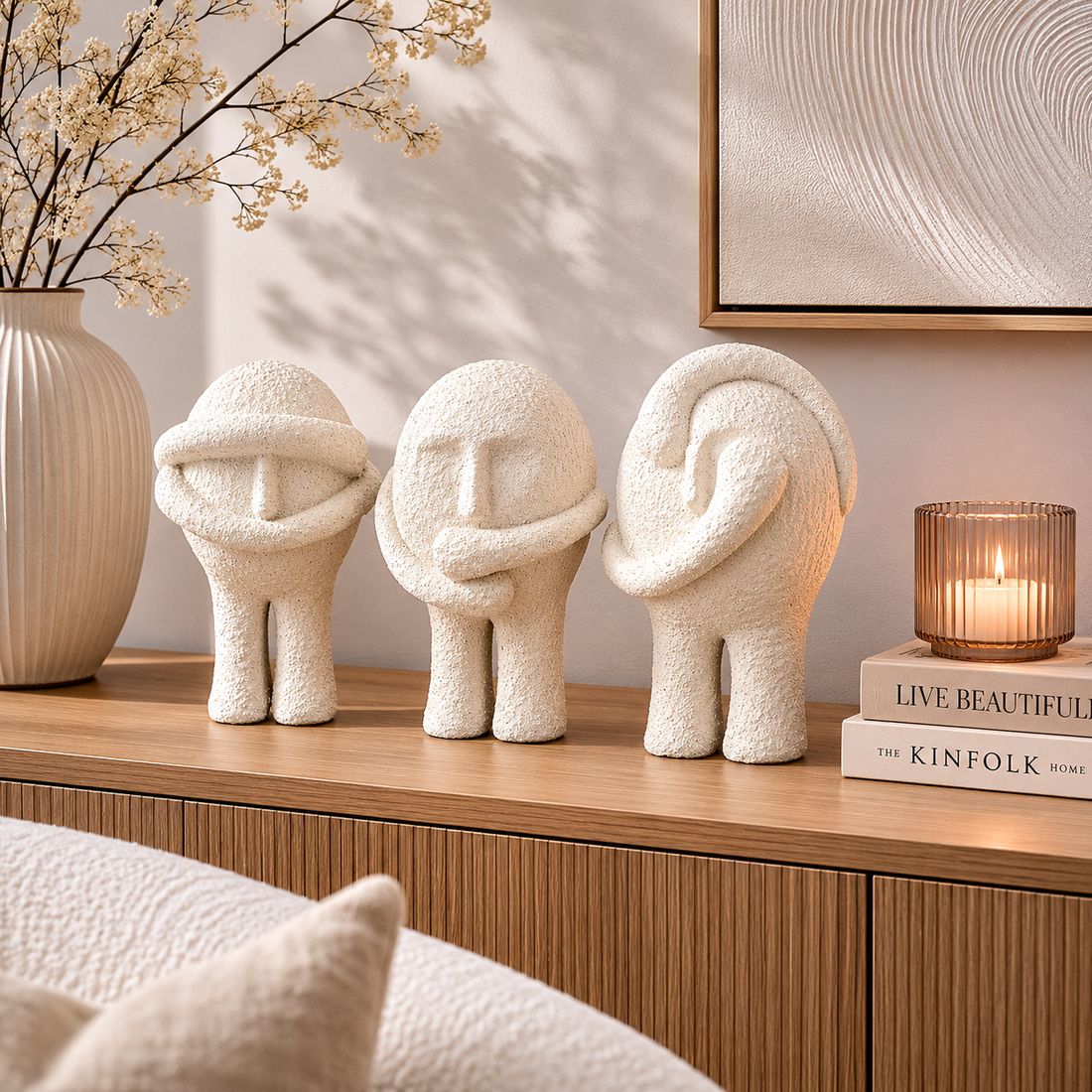 3er-Set moderner Dekofiguren in Creme