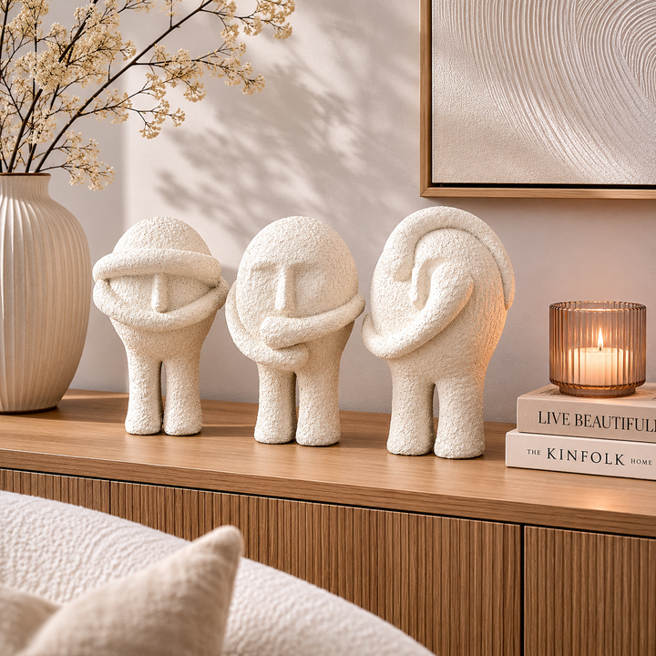 3er-Set moderner Dekofiguren in Creme