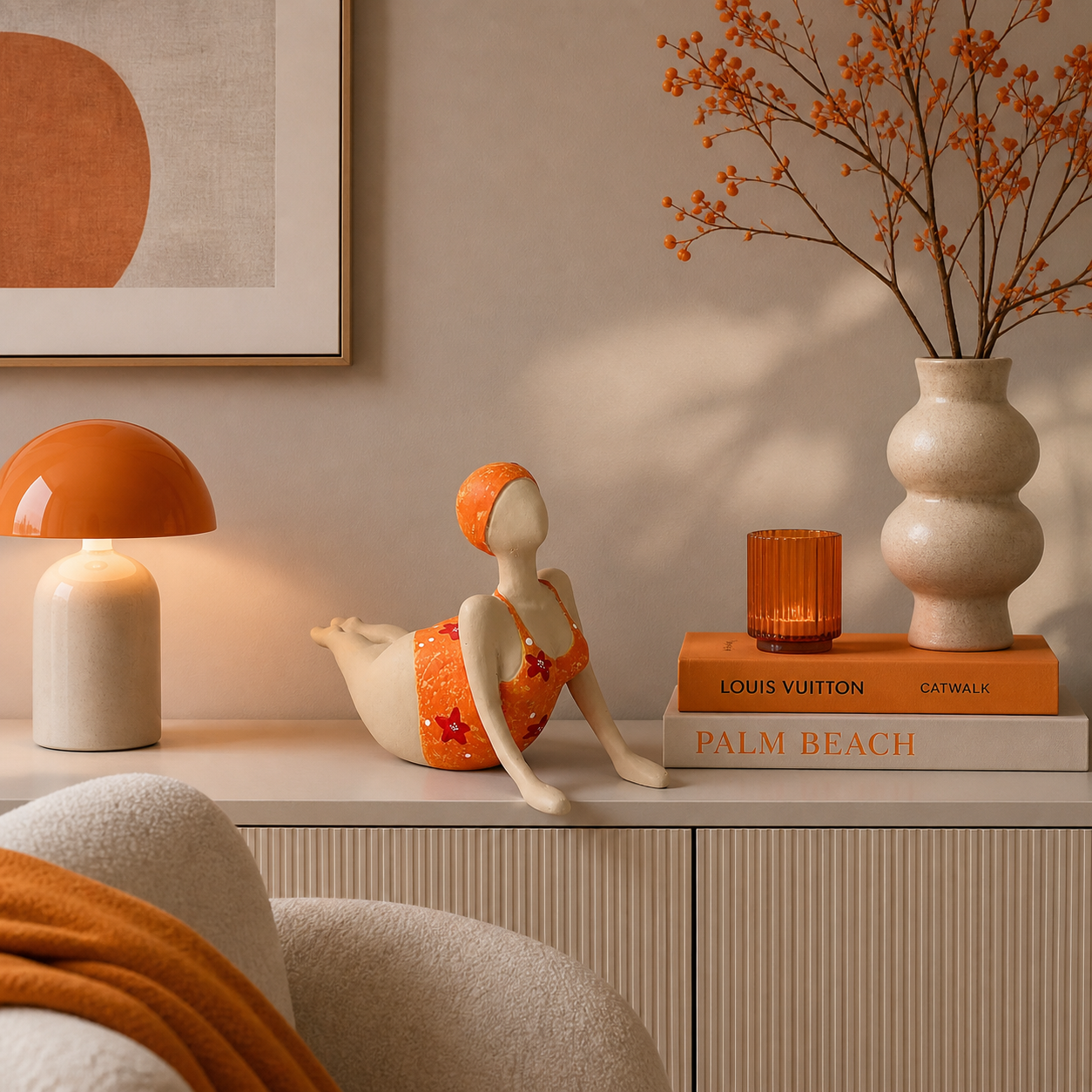 Moderne dekorative Frauenfigur in Orange liegend auf einer Kommode, stilvoll arrangiert in einem Wohnzimmer mit warmen orangenen Akzenten und eleganter Einrichtung