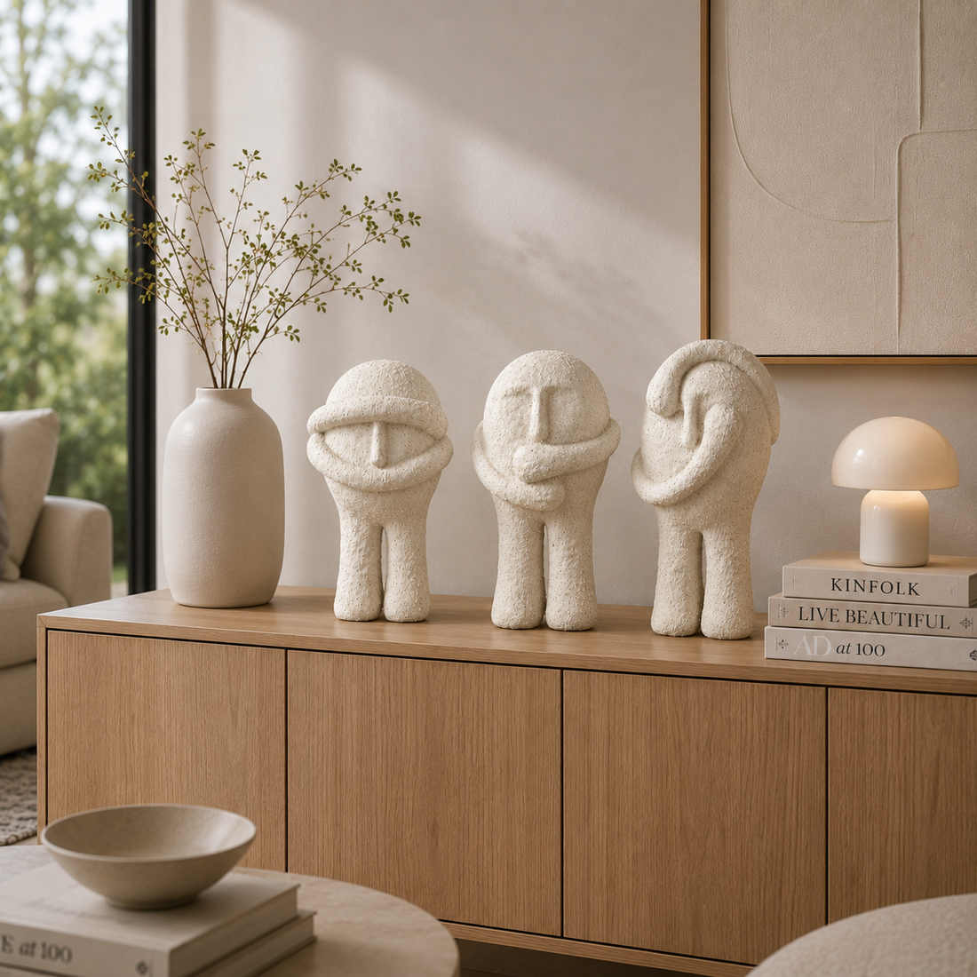 Drei minimalistische cremefarbene Dekofiguren auf einer hellen Holzkommode in einem modern eingerichteten Wohnzimmer mit warmen Beige- und Naturakzenten dekoriert.