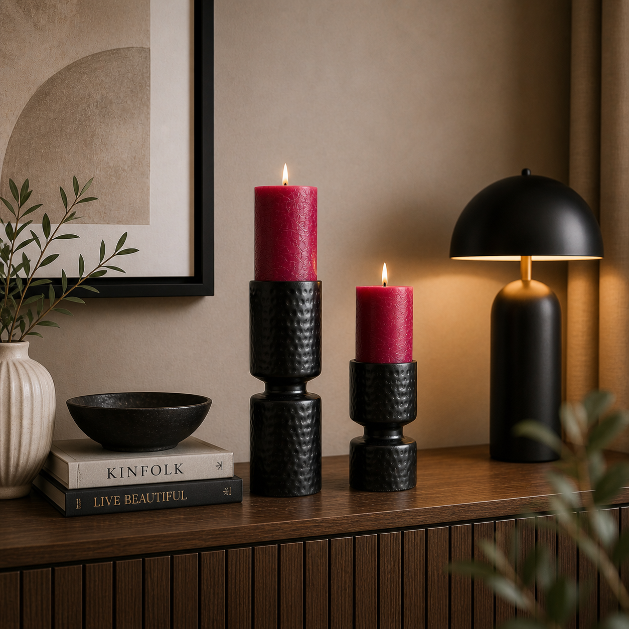 Zwei schwarze Metallkerzenständer mit symmetrischem Design (oben und unten gleich breit, mittig verjüngt) auf einer Holzkommode in einem modern eingerichteten Wohnzimmer mit warmem Licht und dekorativen Accessoires.