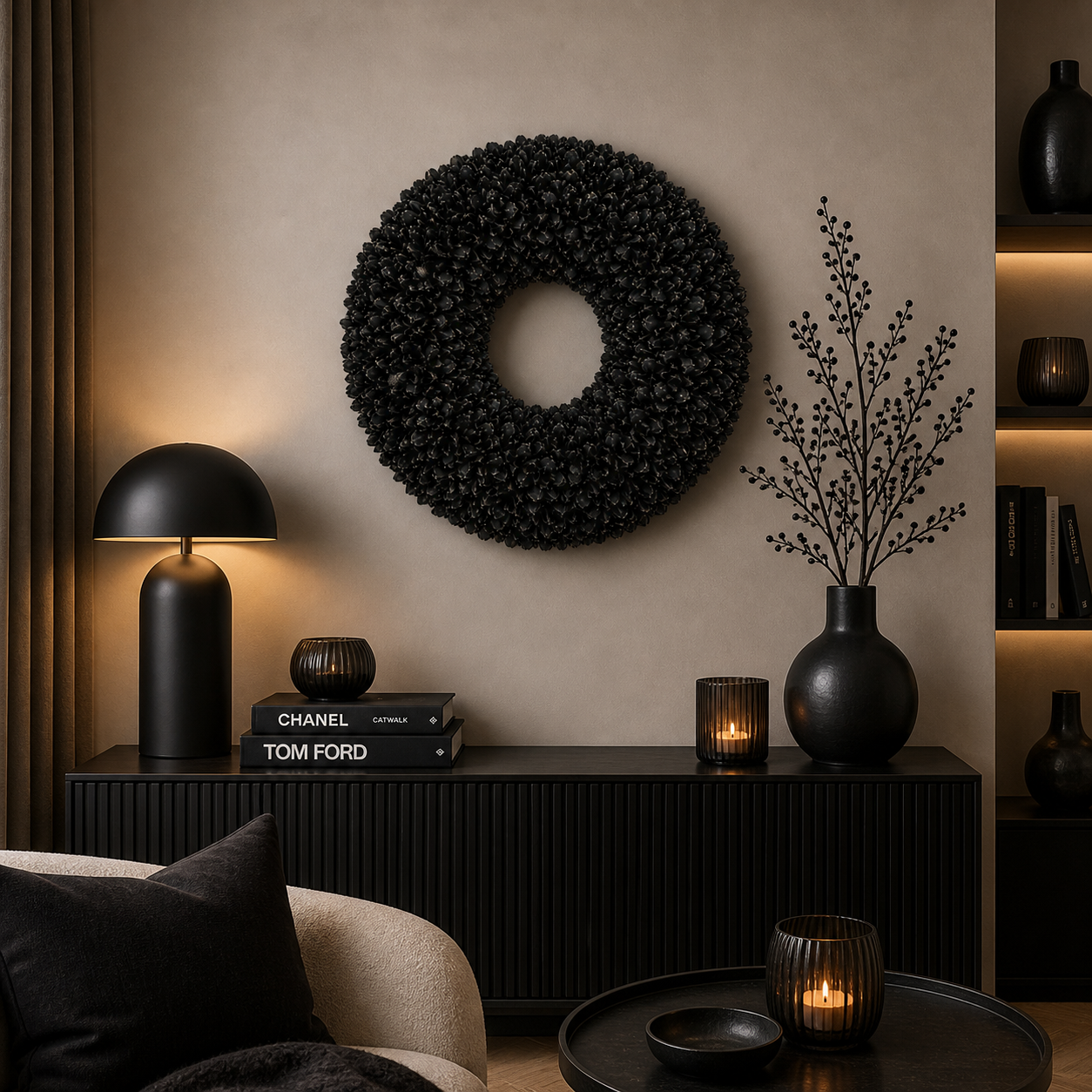Moderner schwarzer Wandkranz mit breitem Rand als Wanddekoration über einer Kommode in stilvoll eingerichtetem Wohnzimmer mit dunklen Akzenten und eleganter Dekoration