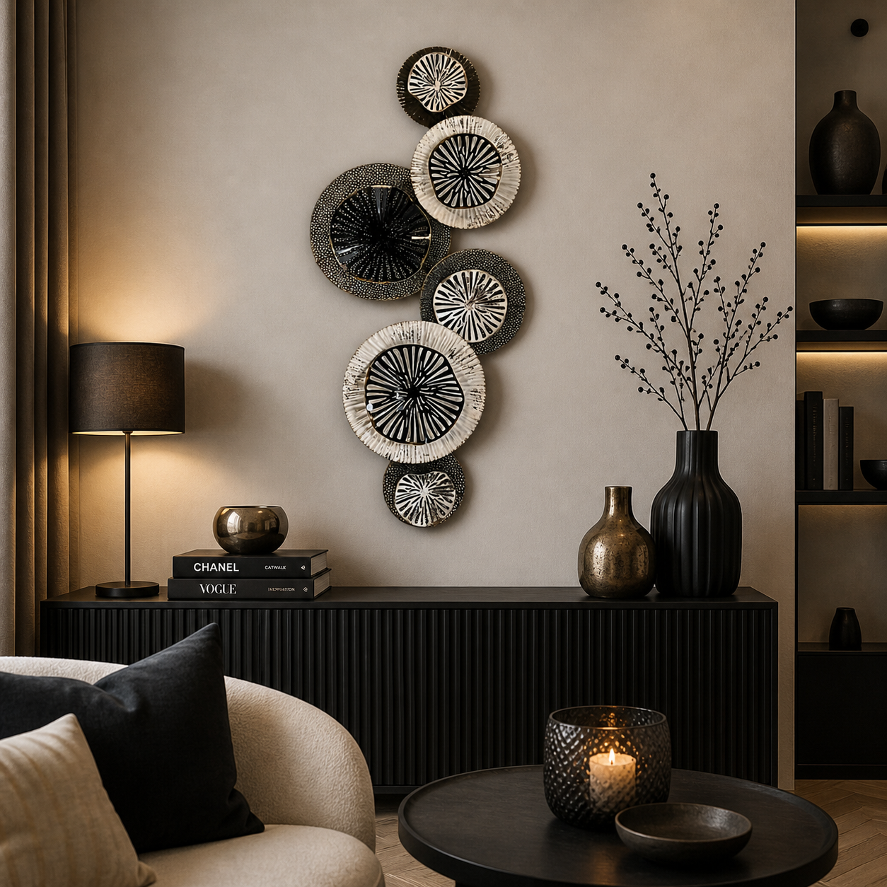 Moderne Wanddeko aus mehreren runden Elementen in Schwarz, Weiß und Naturtönen über einer stilvollen Kommode in einem elegant eingerichteten Wohnzimmer mit passender Dekoration, Vase und warmem Licht.