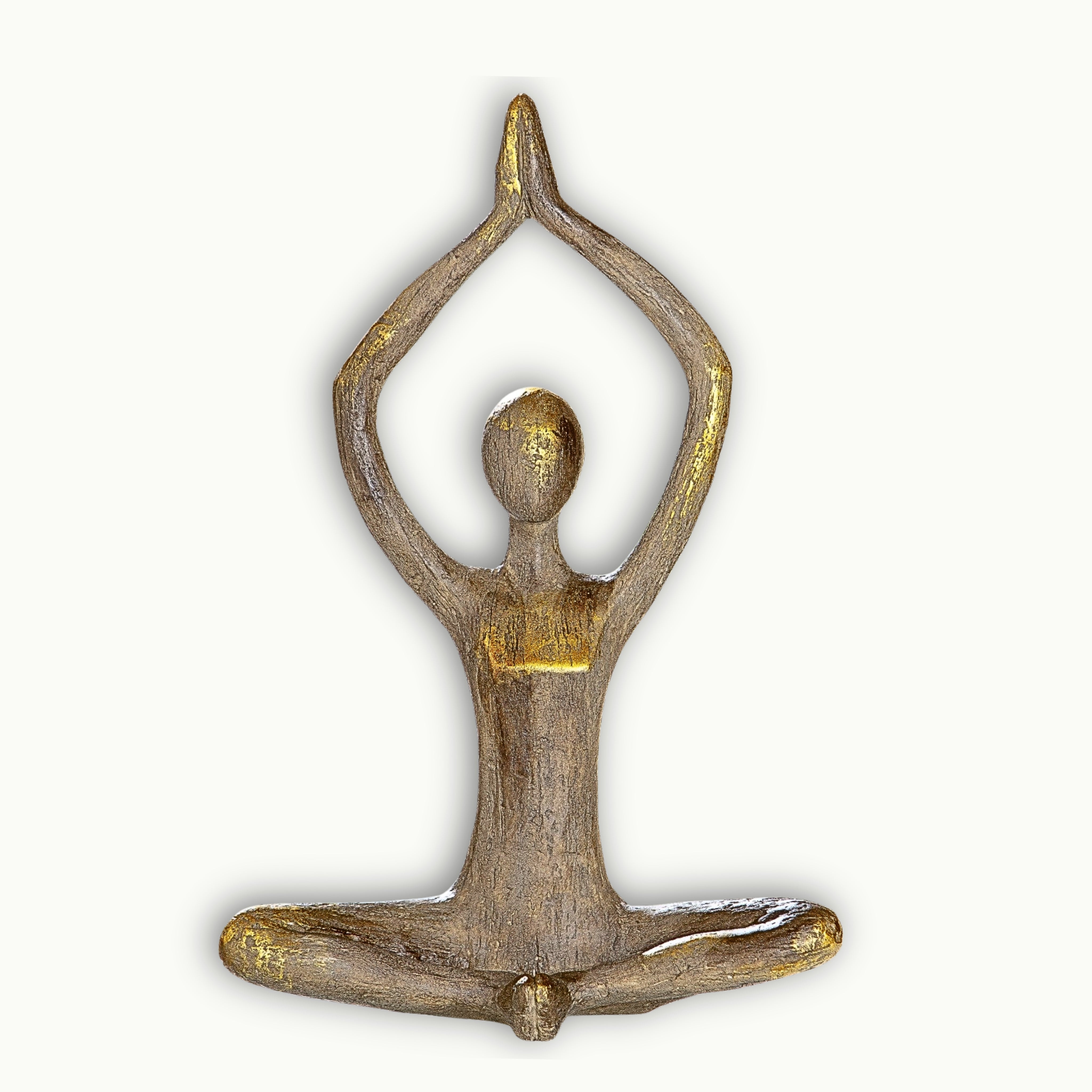 Meditierende Yoga Dekofigur aus Holz in Braun mit goldenen Akzenten