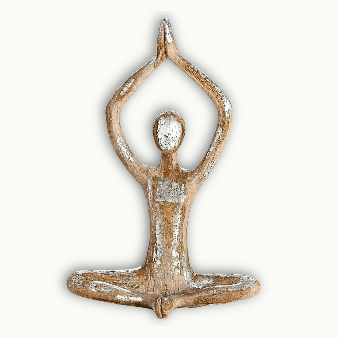 Meditierende Yoga Dekofigur in heller Holzoptik mit silbernen Akzenten 